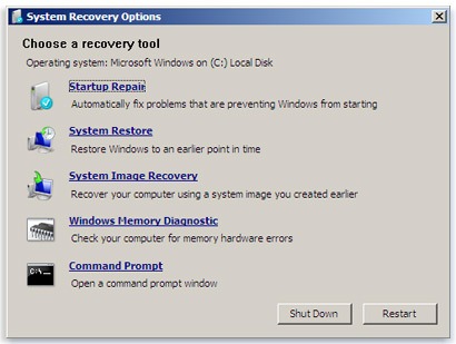Ferramentas de recuperação disponibilizadas no DVD de instalação do Windows 7